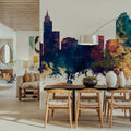 Raleigh North Carolina Skyline Blue & Bronze Mural Wallpaper - room preview 05