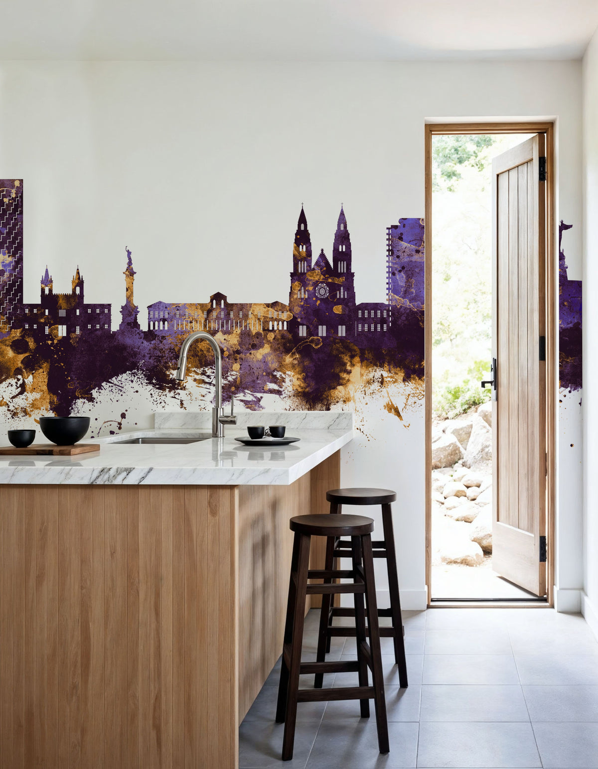 Quito Ecuador Skyline Purple & Gold Mural Wallpaper - room preview 05
