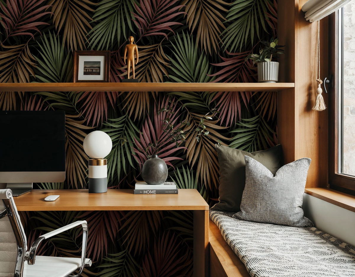 Bright Palms Pattern, Plum & Brown Mural Wallpaper - room preview 05