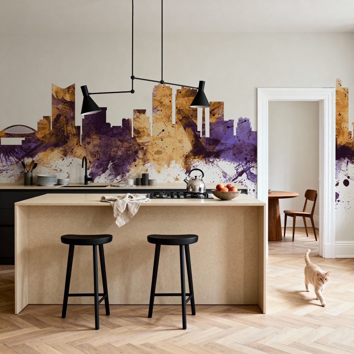 Fort Worth Texas Skyline Purple & Gold Mural Wallpaper - room preview 05