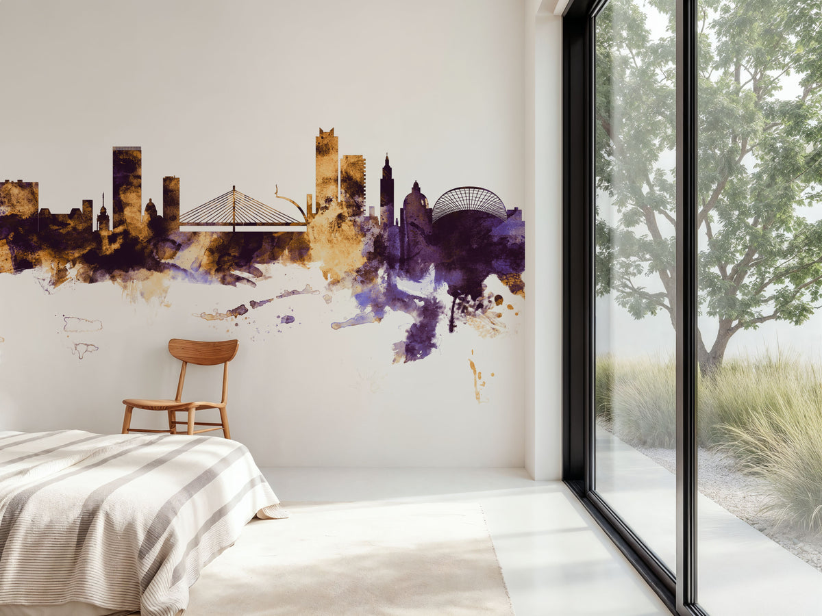 Liege Belgium Skyline Purple & Gold Mural Wallpaper - room preview 05