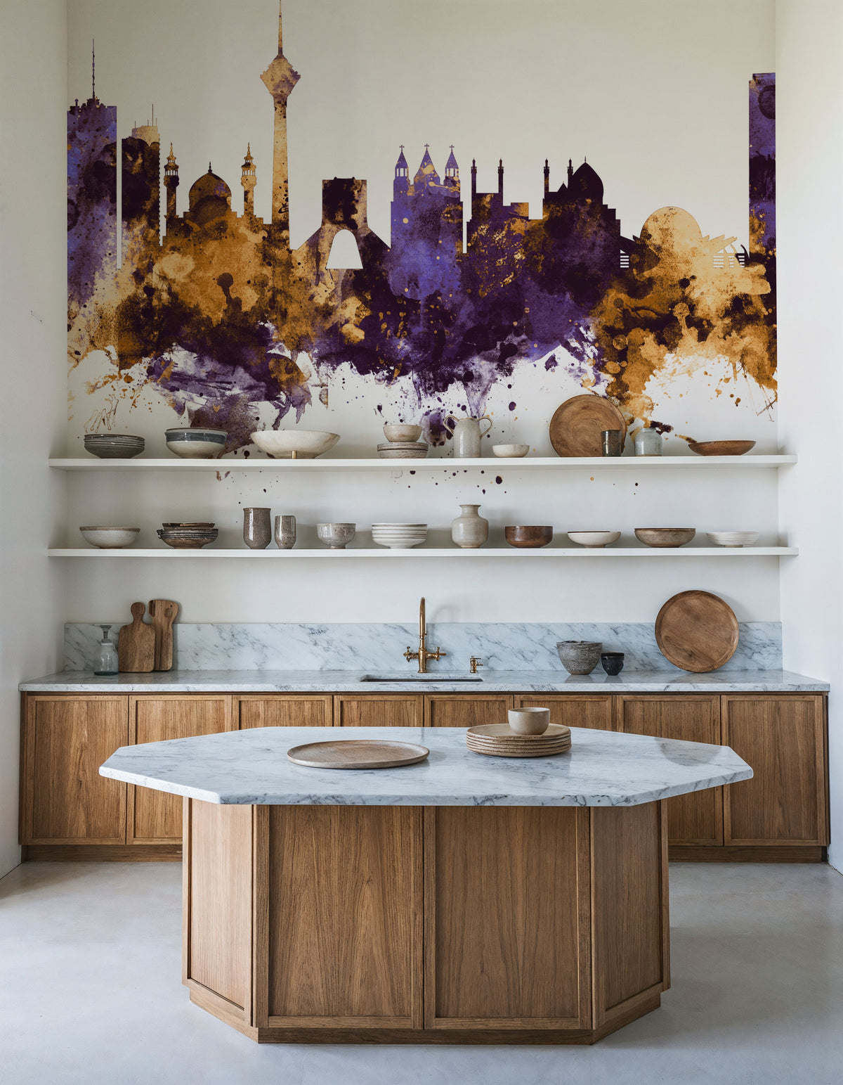 Tehran Iran Skyline Purple & Gold Mural Wallpaper - room preview 05