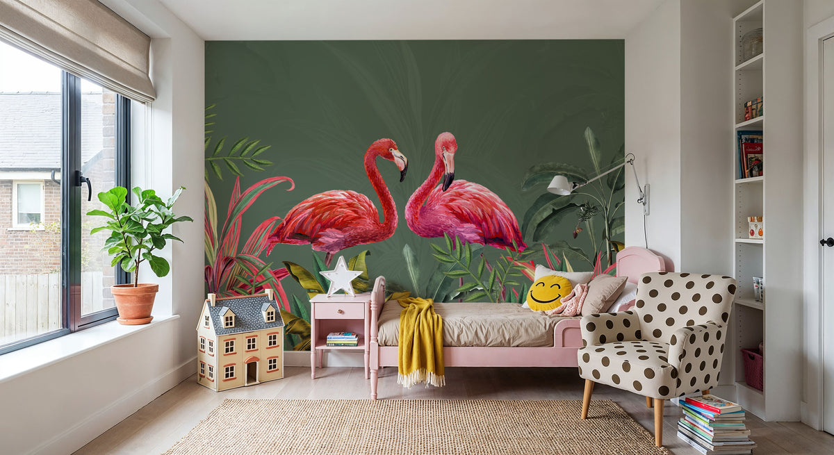 Shy Flamingos Green Mural Wallpaper - room preview 05