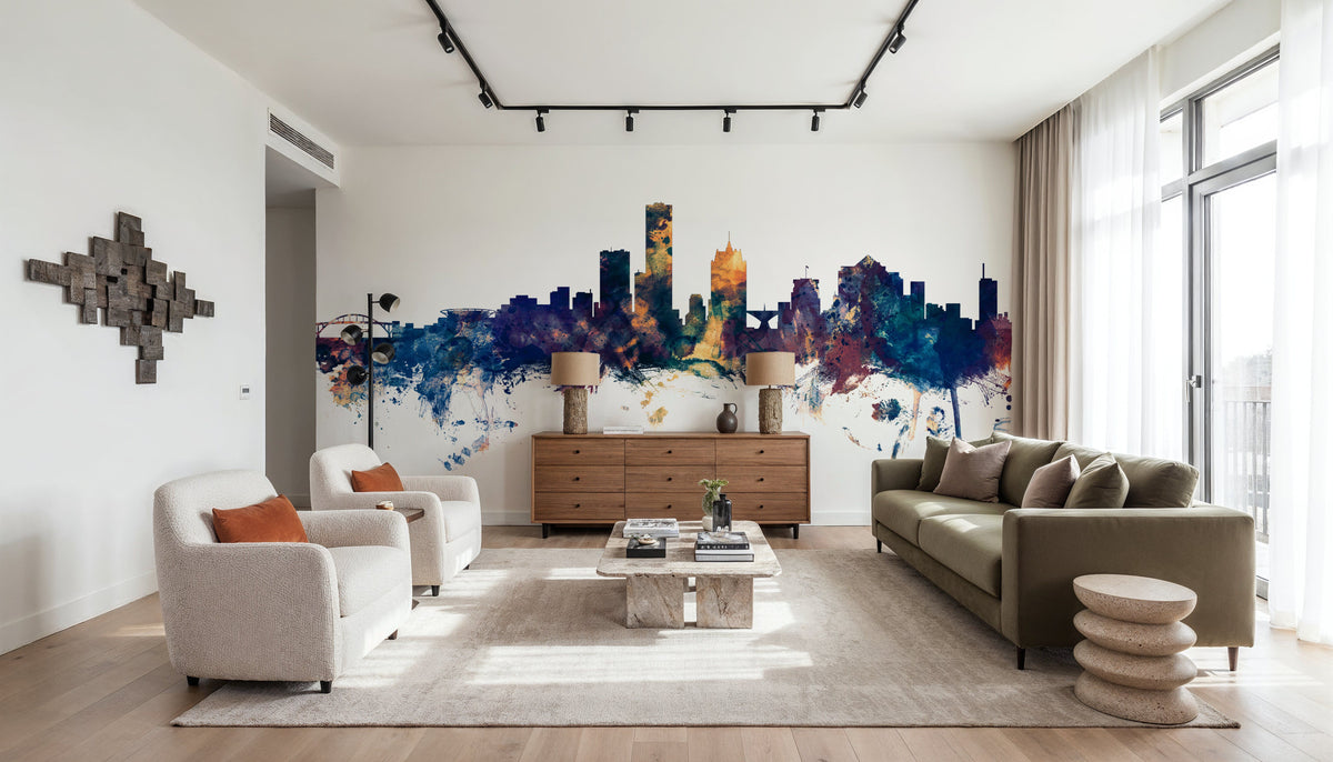 Milwaukee Wisconsin Skyline Blue & Bronze Mural Wallpaper - room preview 05