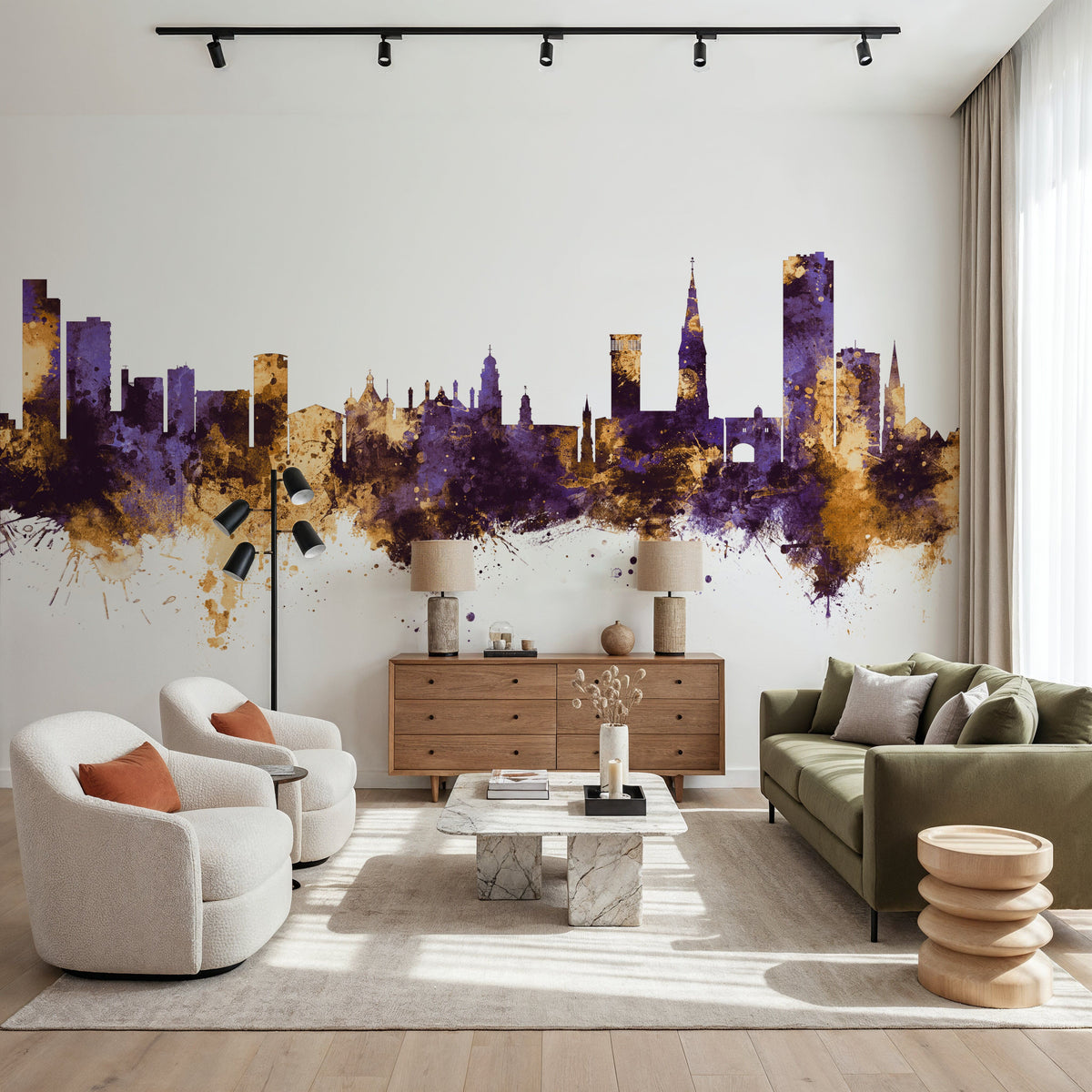 Leicester England Skyline Purple & Gold Mural Wallpaper - room preview 05