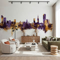 Leicester England Skyline Purple & Gold Mural Wallpaper - room preview 05