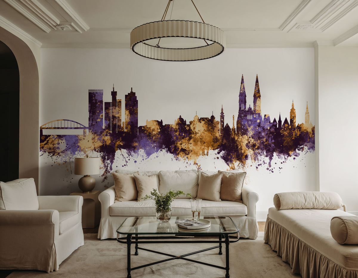 Zagreb Croatia Skyline Purple & Gold Mural Wallpaper - room preview 05