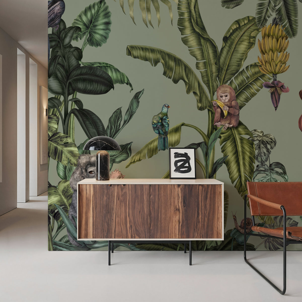 Monkeys with Birds, Pistachio Mural Wallpaper - room preview 05