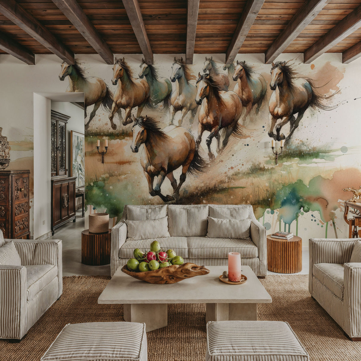 Horses Galloping Field Watercolor Mural Wallpaper - room preview 05