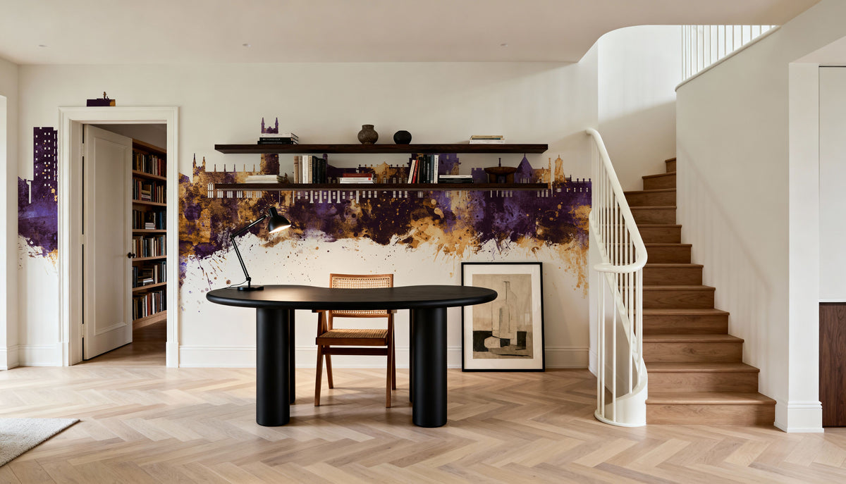 Oldham England Skyline Purple & Gold Mural Wallpaper - room preview 05