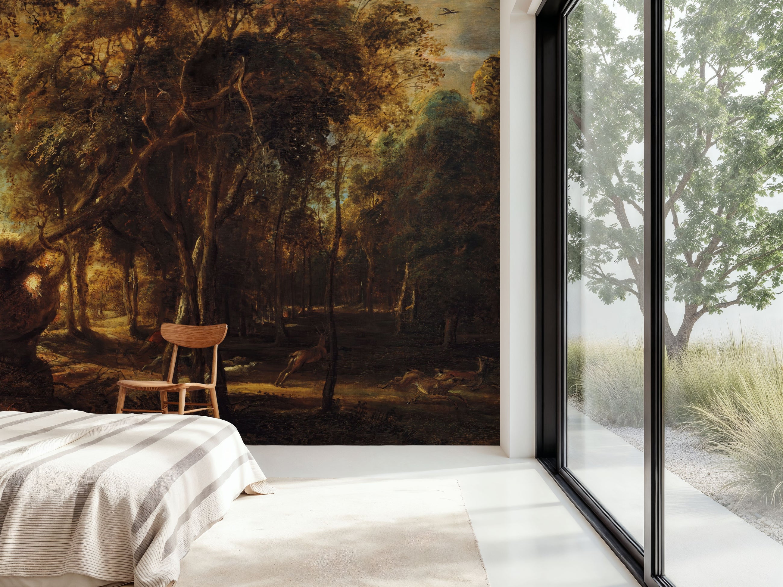 A Forest At Dawn with a Deer Hunt Mural Wallpaper