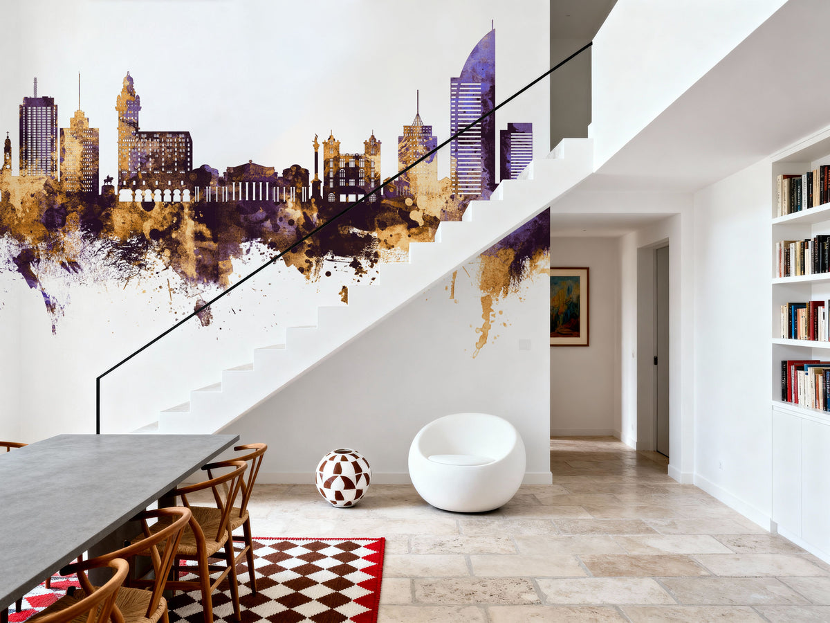 Montevideo Uruguay Skyline Purple & Gold Mural Wallpaper - room preview 05