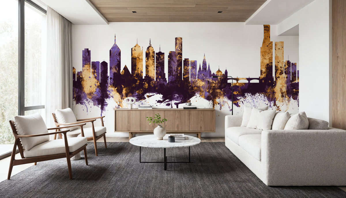 Melbourne Australia Skyline Purple & Gold Mural Wallpaper - room preview 05