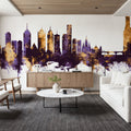 Melbourne Australia Skyline Purple & Gold Mural Wallpaper - room preview 05