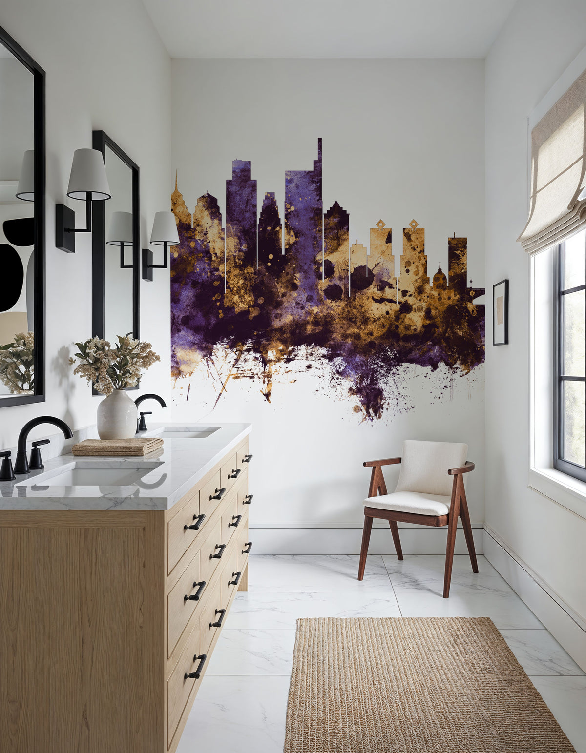 Philadelphia Skyline Purple & Gold Mural Wallpaper - room preview 05