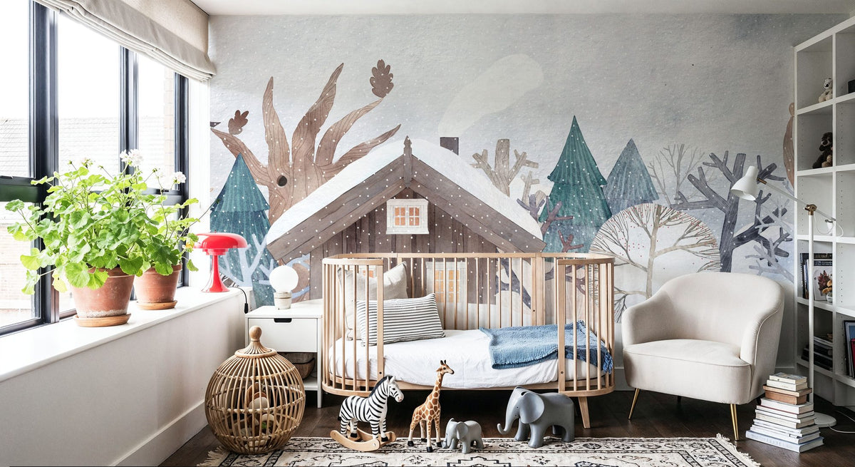 The Snowy Mountain Cabin Mural Wallpaper - room preview 05