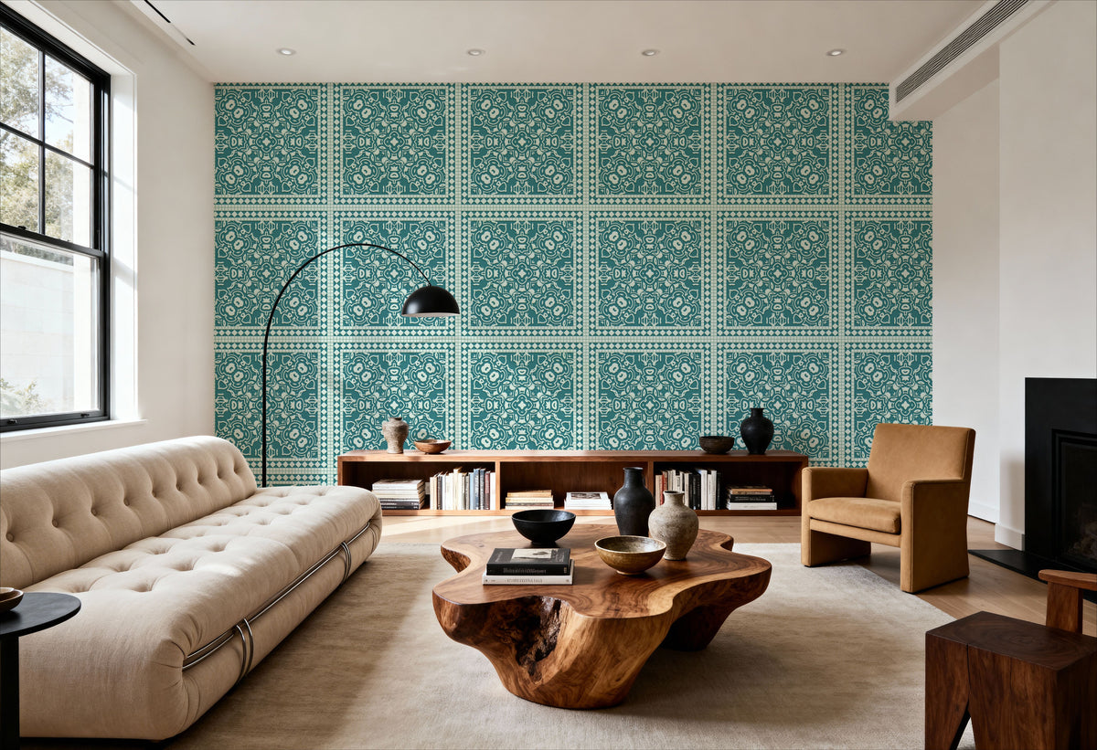 Mission Cement Tiles, Teal Mural Wallpaper - room preview 05