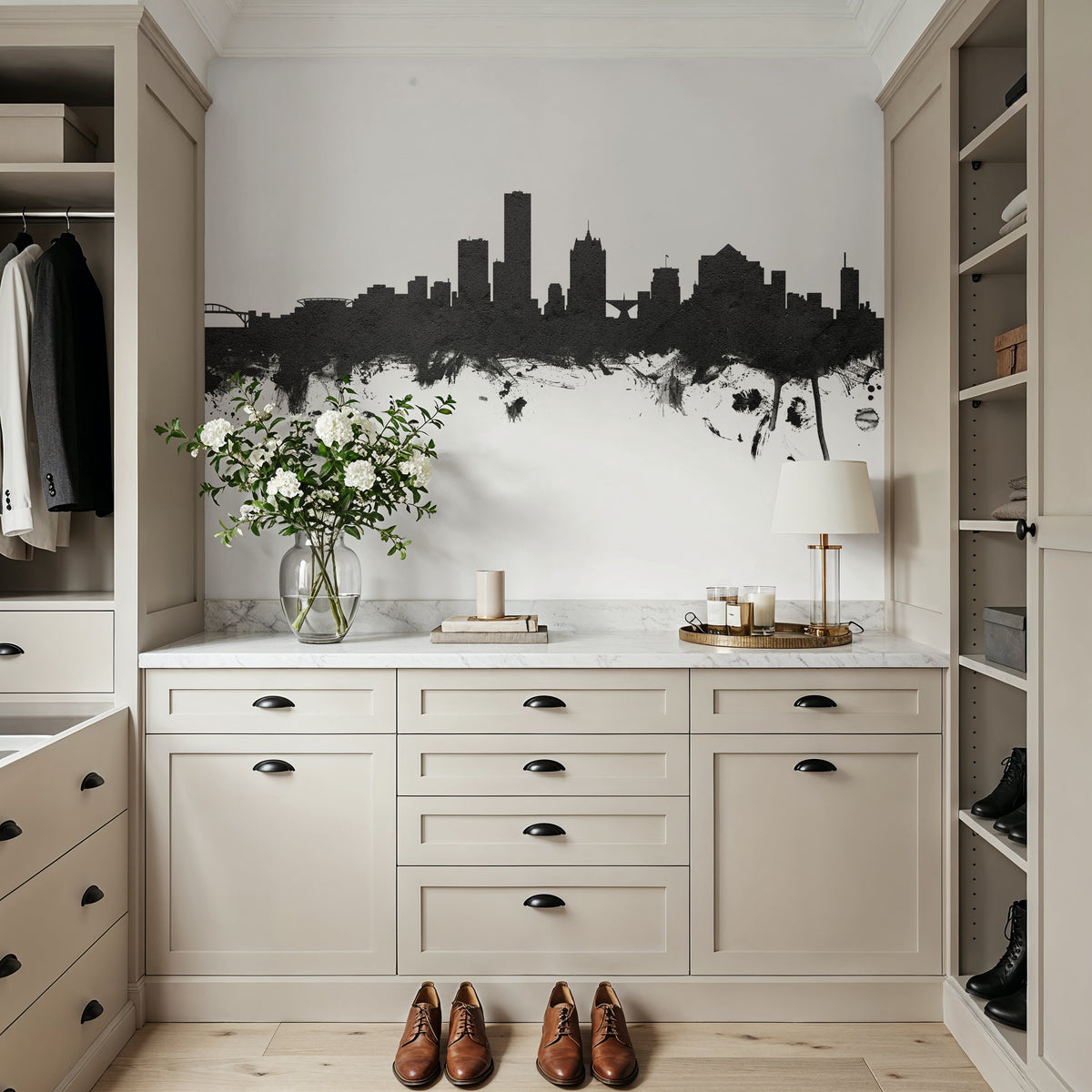 Milwaukee Wisconsin Skyline Black & White Mural Wallpaper - room preview 05