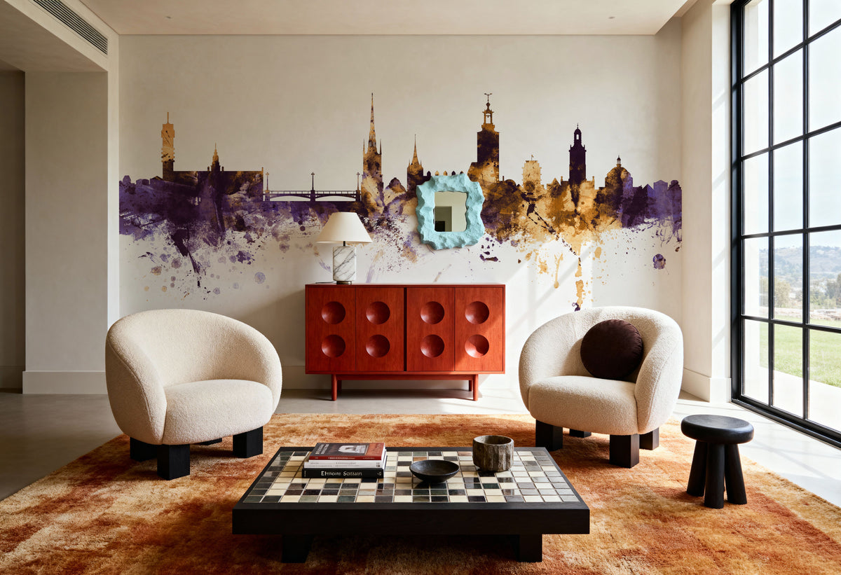Stockholm Skyline Purple & Gold Mural Wallpaper - room preview 05