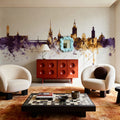 Stockholm Skyline Purple & Gold Mural Wallpaper - room preview 05