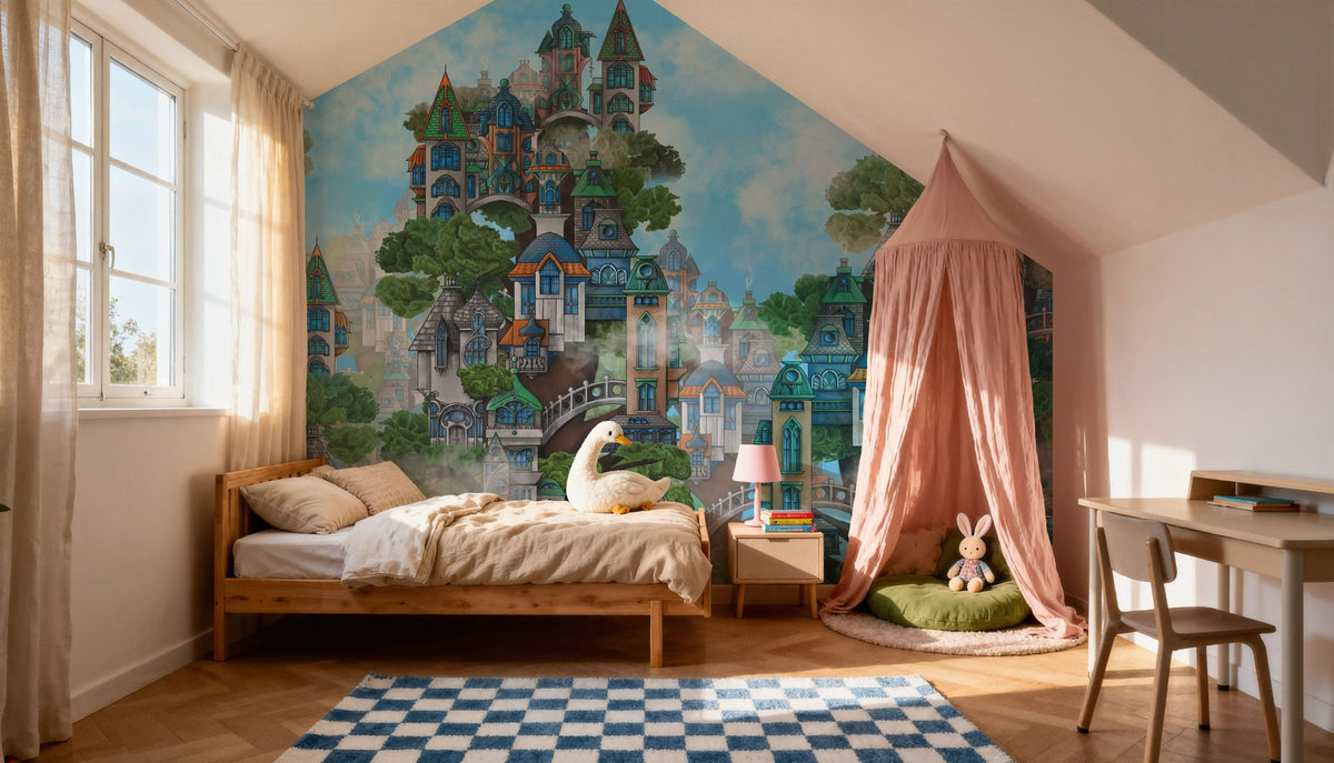 Treehouse Neighborhood Bright Mural Wallpaper - room preview 05