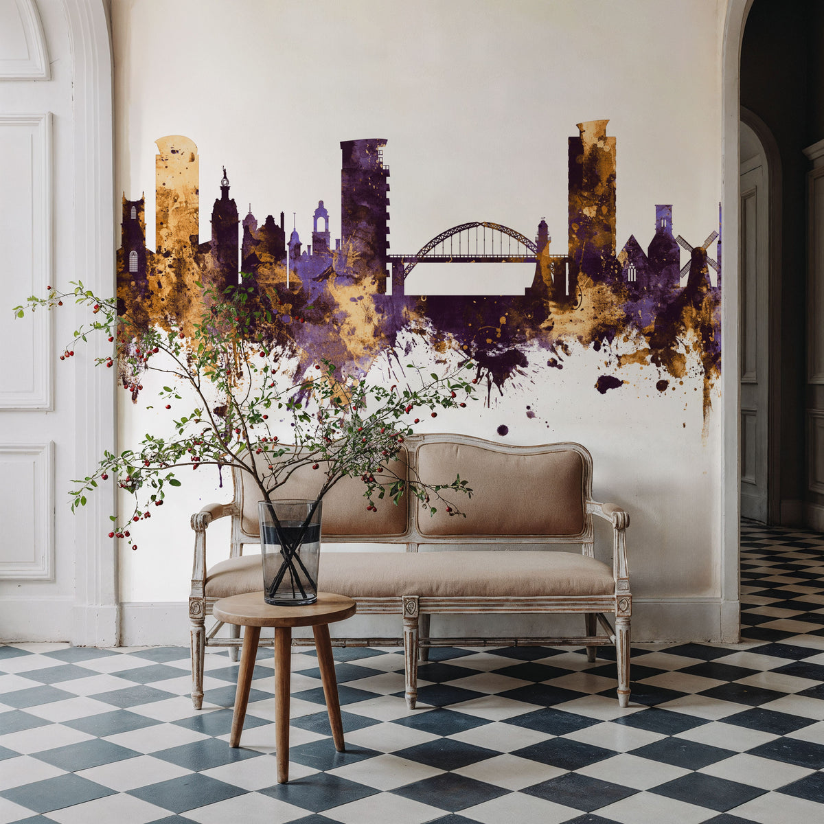 Sunderland England Skyline Purple & Gold Mural Wallpaper - room preview 05