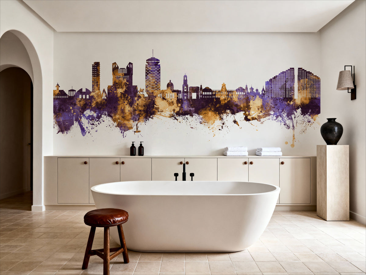 Chisinau Moldova Skyline Purple & Gold Mural Wallpaper - room preview 05