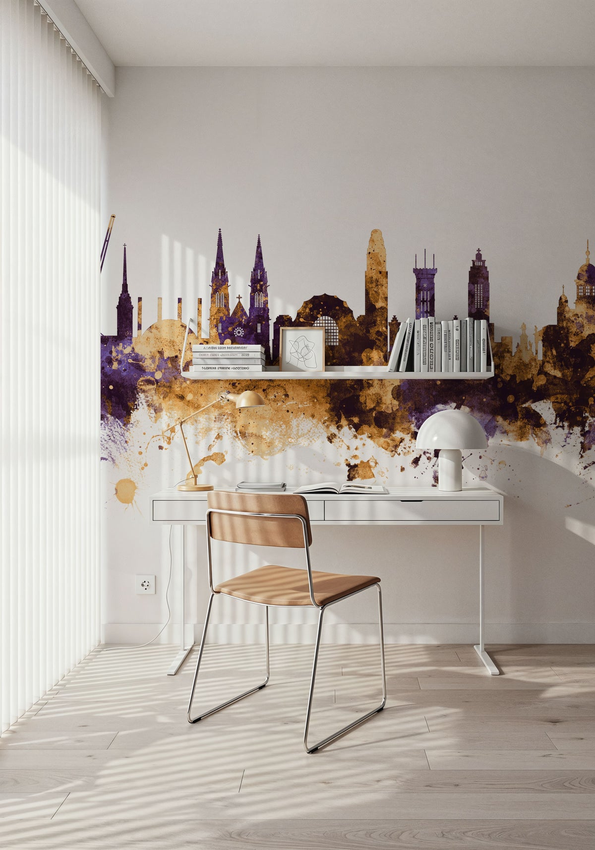 Helsinki Skyline Purple & Gold Mural Wallpaper - room preview 05