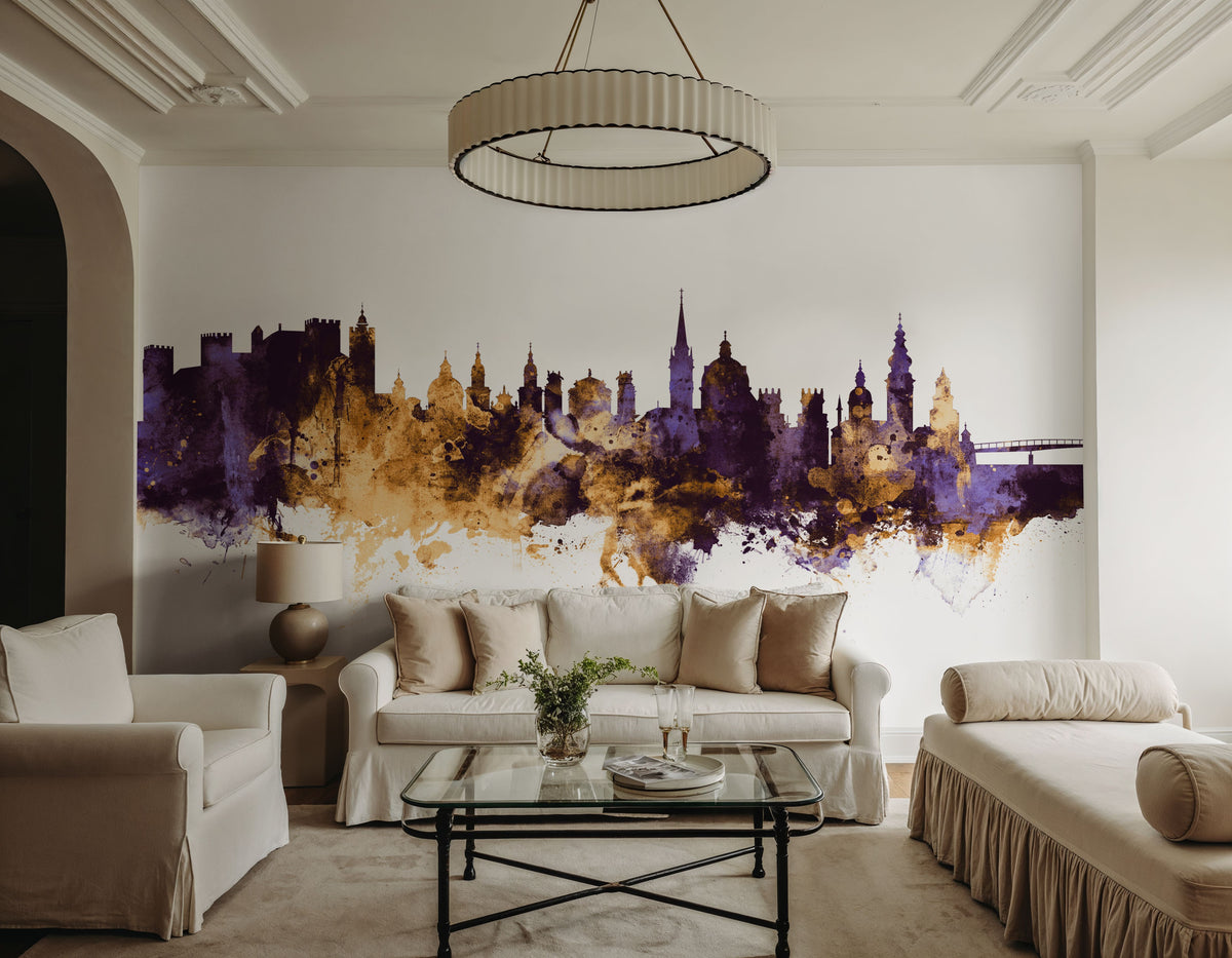 Salzburg Austria Skyline Purple & Gold Mural Wallpaper - room preview 05