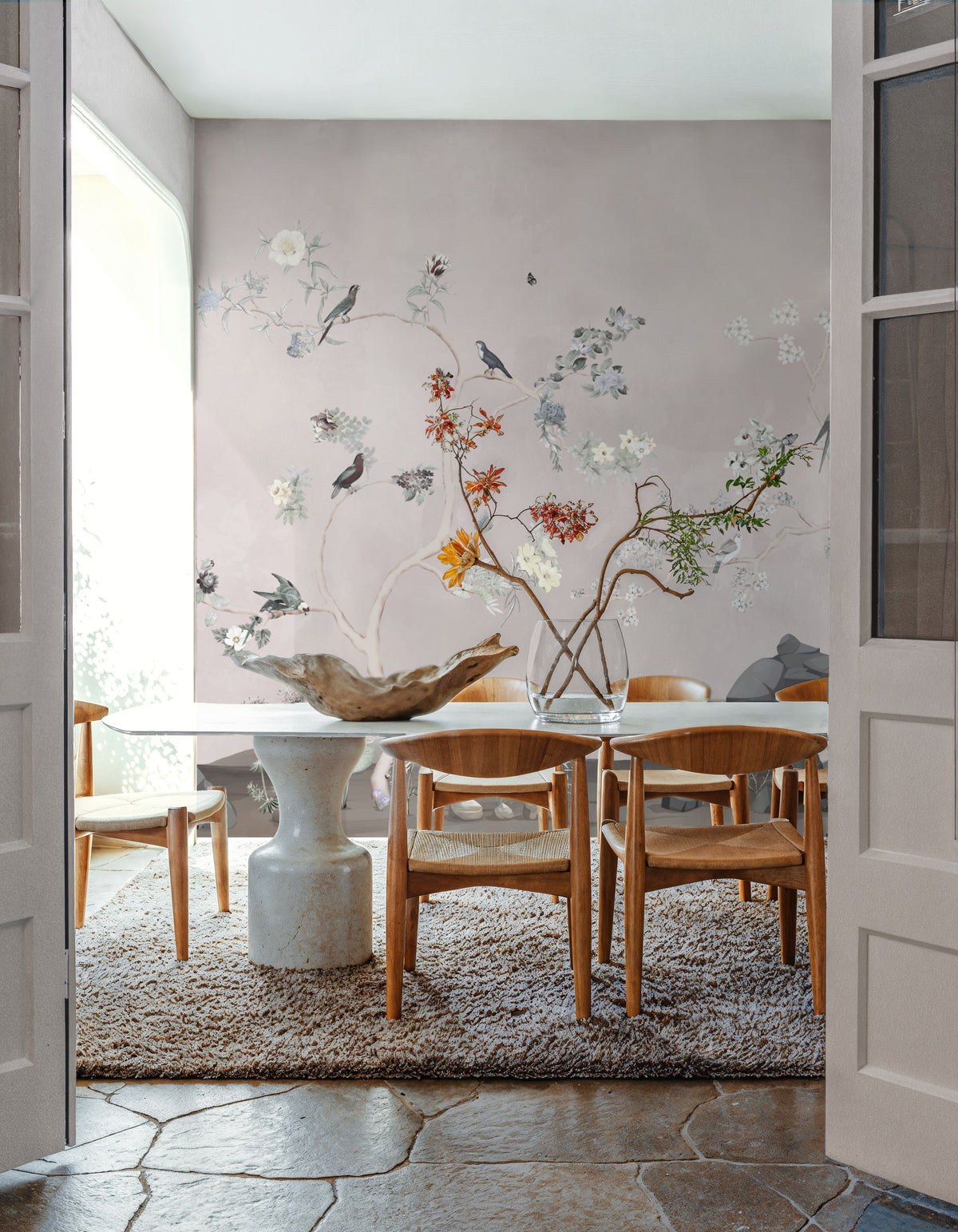 Birds in the Garden Light Gray Mural Wallpaper - room preview 05