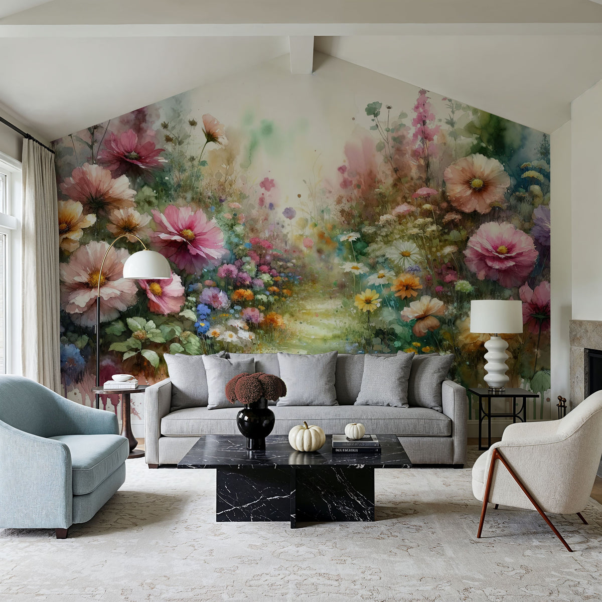 Flower Garden Watercolor Mural Wallpaper - room preview 05