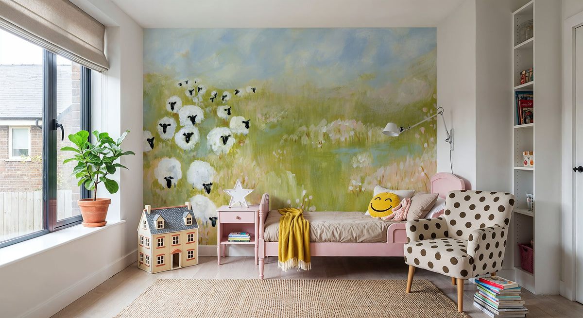 Wildflower Woods Sheep in Pasture Mural Wallpaper - room preview 05