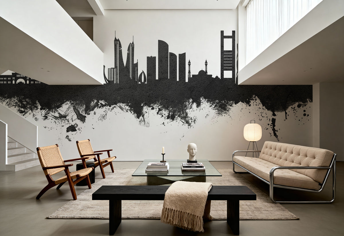 Manama Skyline Black & White Mural Wallpaper - room preview 05