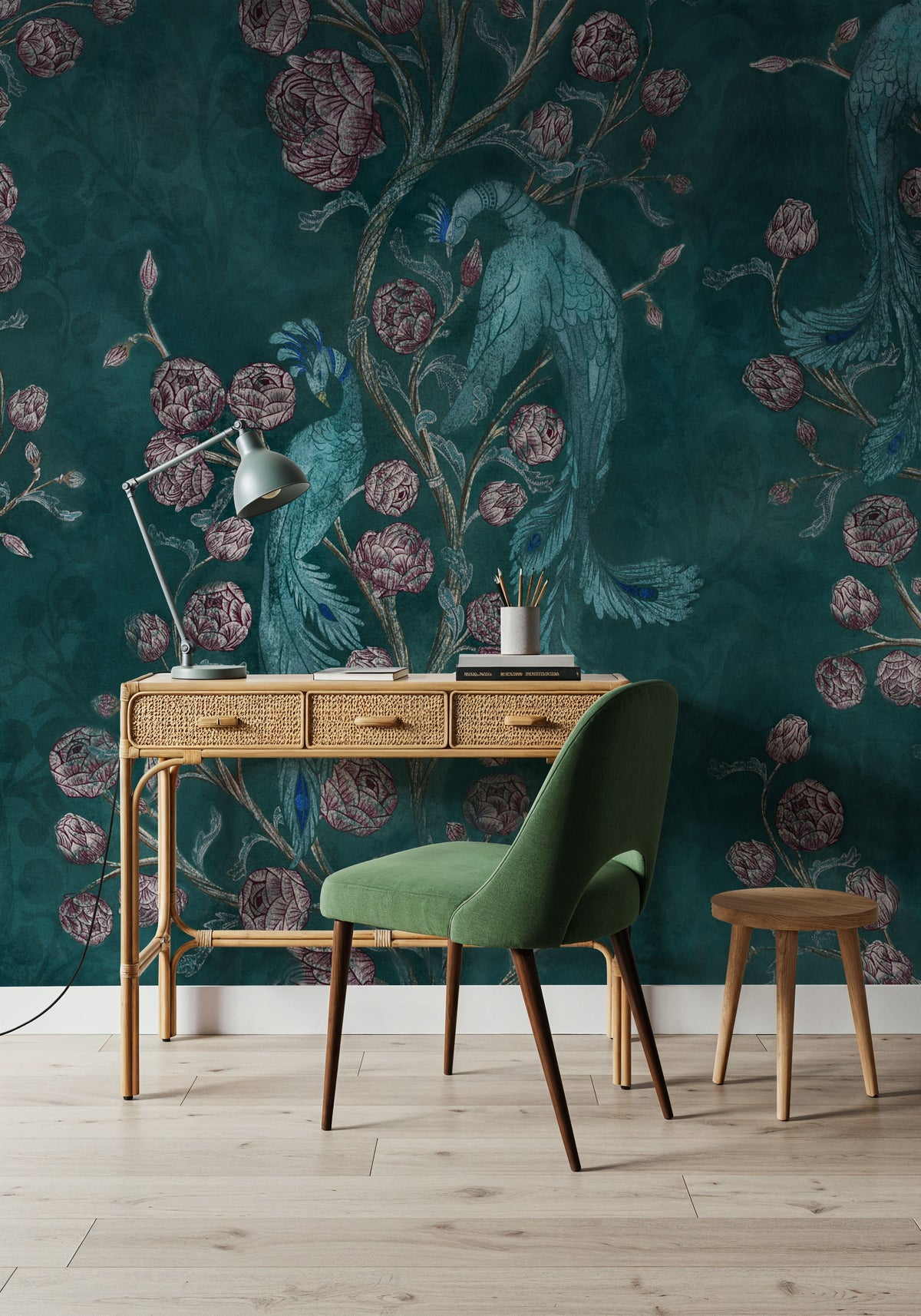 Peacock and Peony Chinoiserie Teal Mural Wallpaper - room preview 05