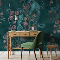 Peacock and Peony Chinoiserie Teal Mural Wallpaper - room preview 05