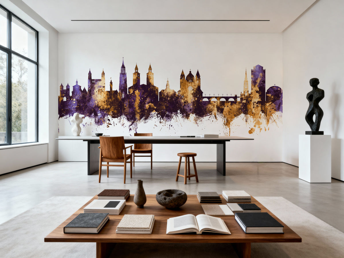 Maastricht the Netherlands Skyline Purple & Gold Mural Wallpaper - room preview 05