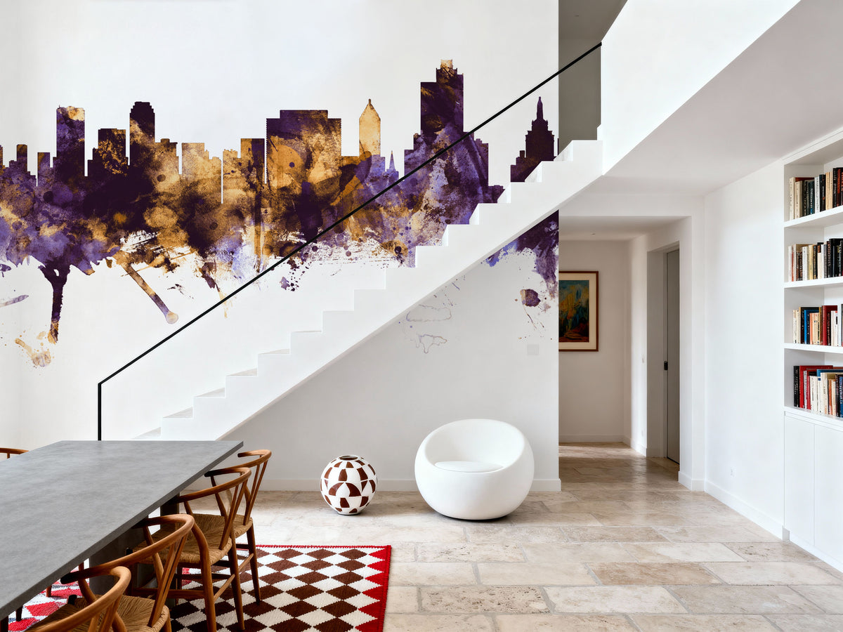 Tulsa Oklahoma Skyline Purple & Gold Mural Wallpaper - room preview 05