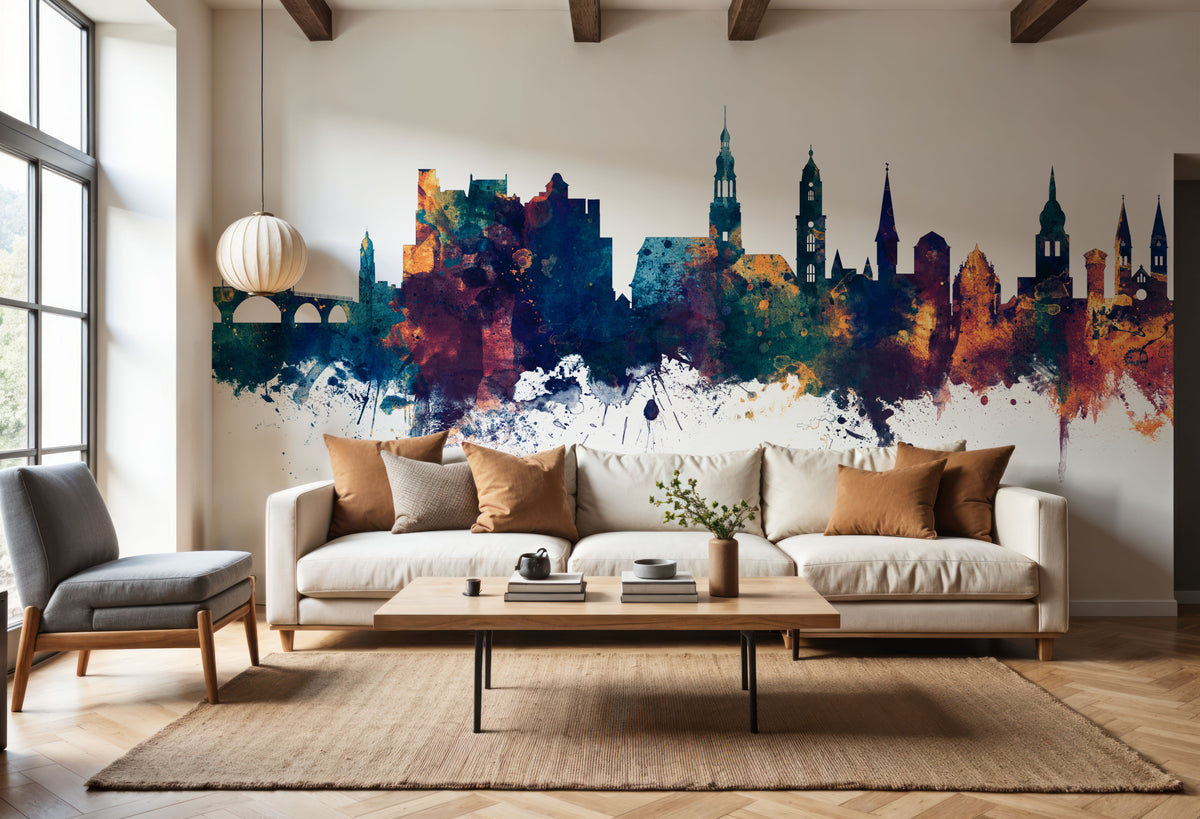 Heidelberg Germany Skyline Blue & Bronze Mural Wallpaper - room preview 05