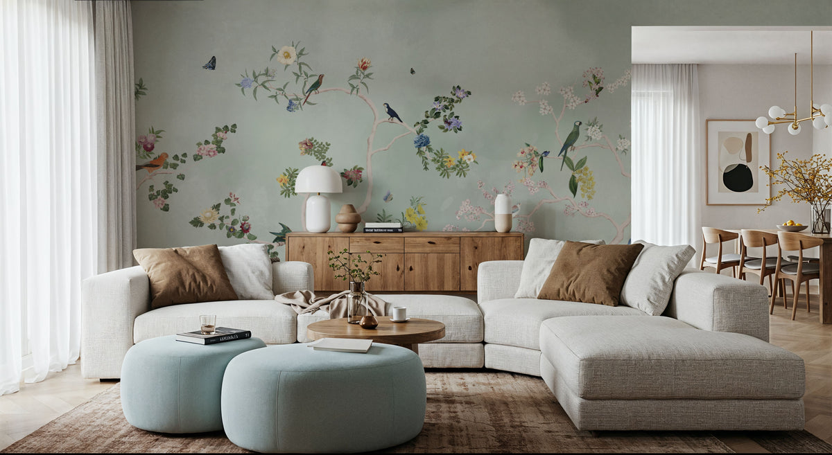 Birds in the Garden Mint Mural Wallpaper - room preview 05