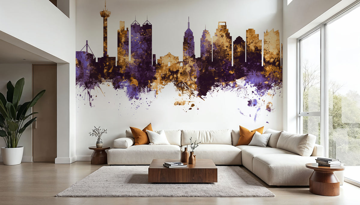 San Antonio Texas Skyline Purple & Gold Mural Wallpaper - room preview 05