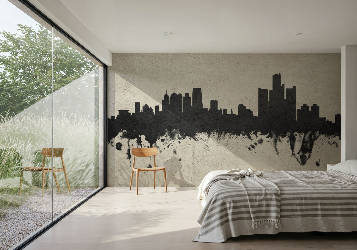 Detroit Michigan Skyline Concrete Mural Wallpaper - room preview 05