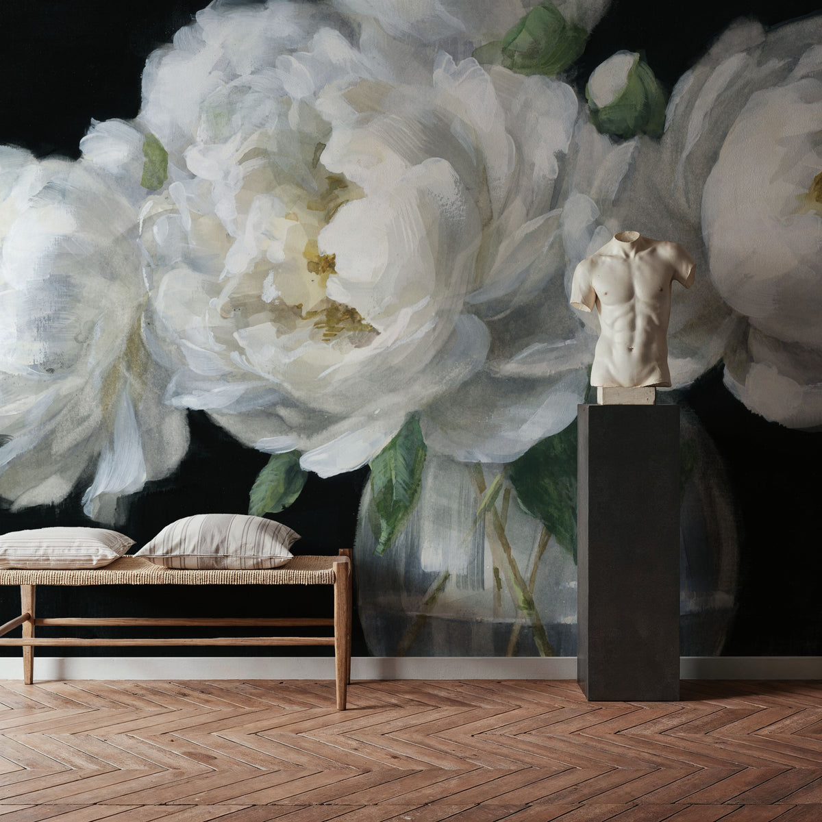 White Peonies in Glass Mural Wallpaper - room preview 05
