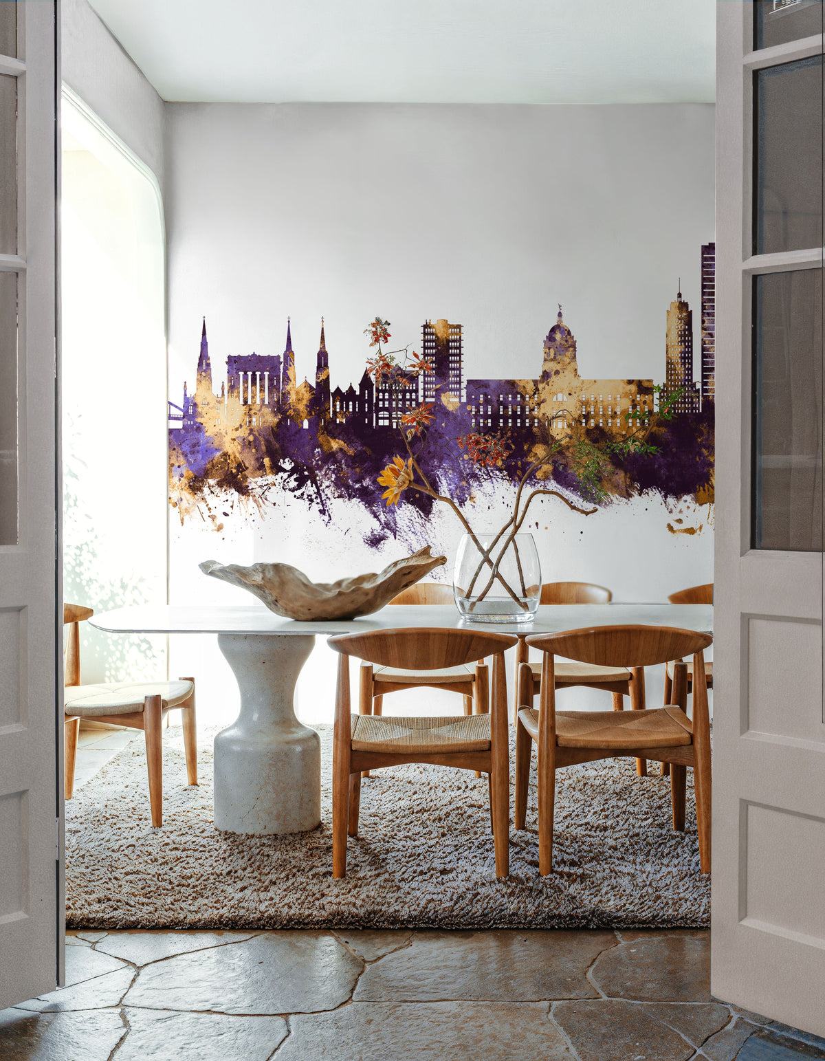 Fort Wayne Indiana Skyline Purple & Gold Mural Wallpaper - room preview 05