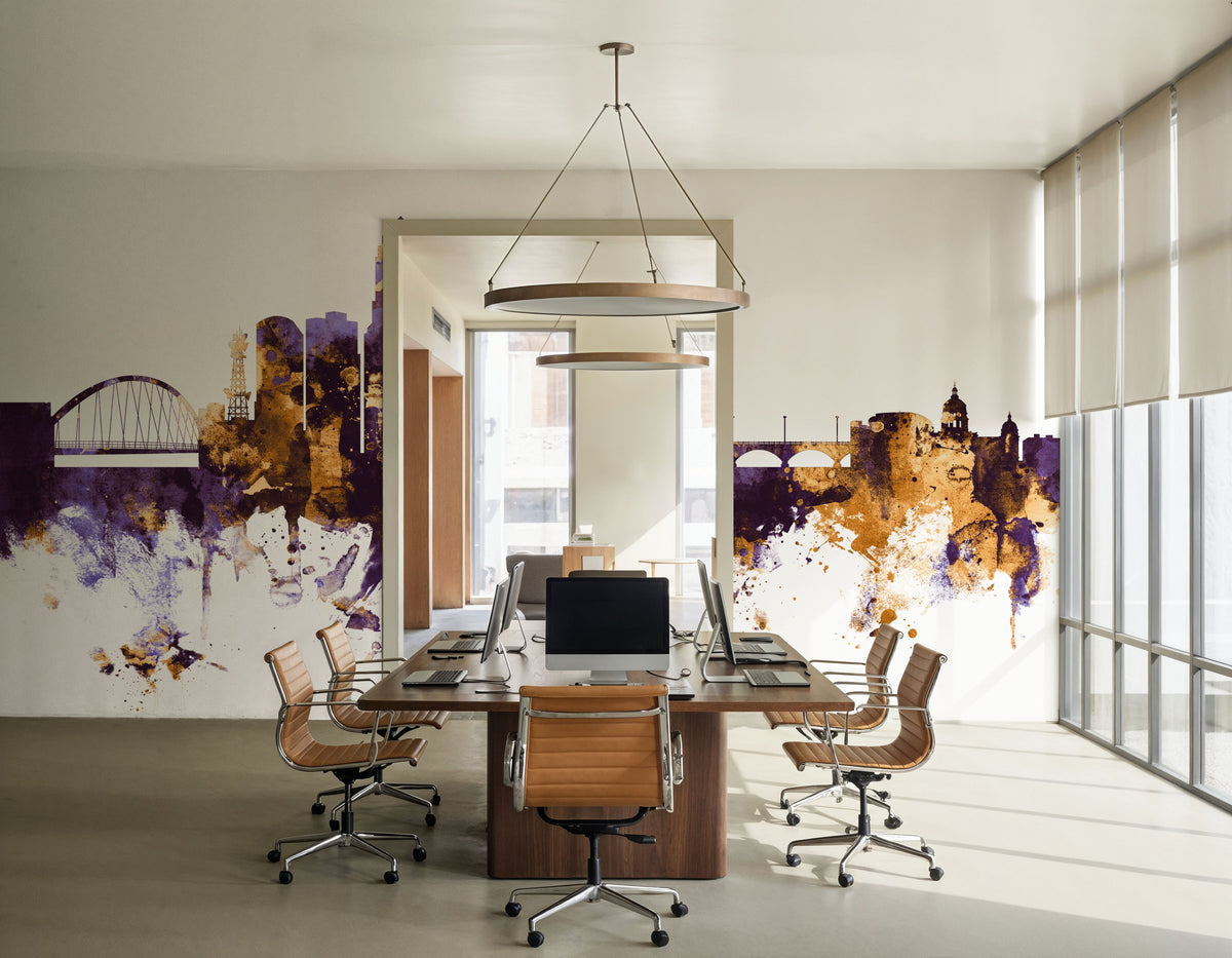 Des Moines Iowa Skyline Purple & Gold Mural Wallpaper - room preview 05