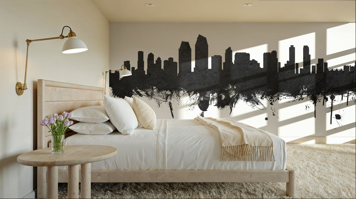 San Diego California Skyline Black & White Mural Wallpaper - room preview 05