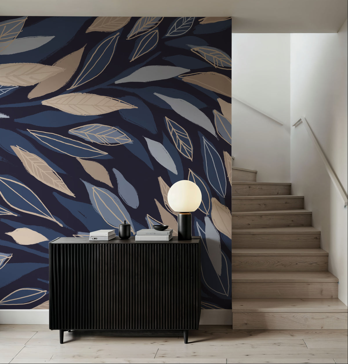 Leafy Lines Dark Mural Wallpaper - room preview 05