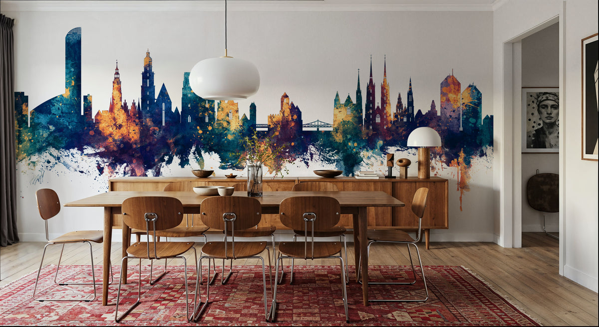 Wroclaw Poland Skyline Blue & Bronze Mural Wallpaper - room preview 05