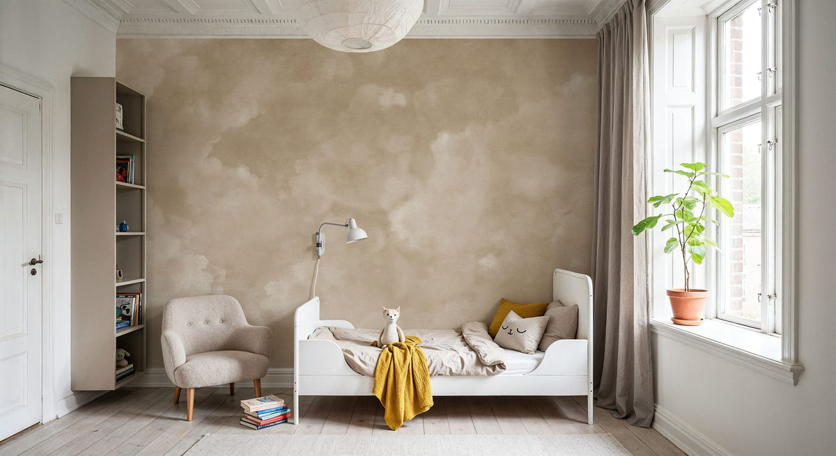 Painted Dreamy Clouds, Sepia Mural Wallpaper - room preview 05