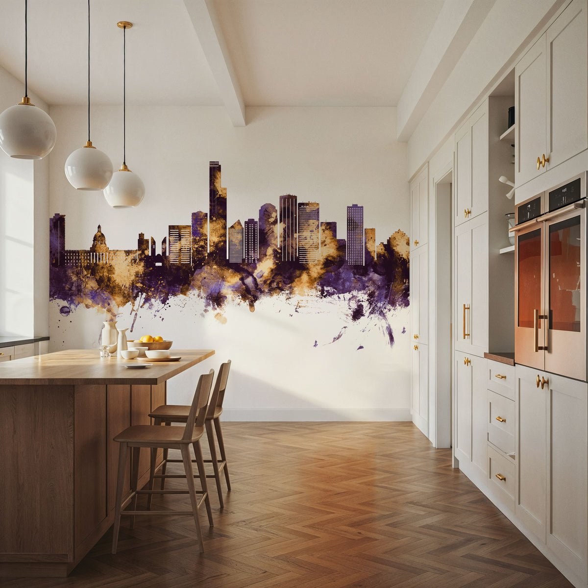 Edmonton Canada Skyline Purple & Gold Mural Wallpaper - room preview 05