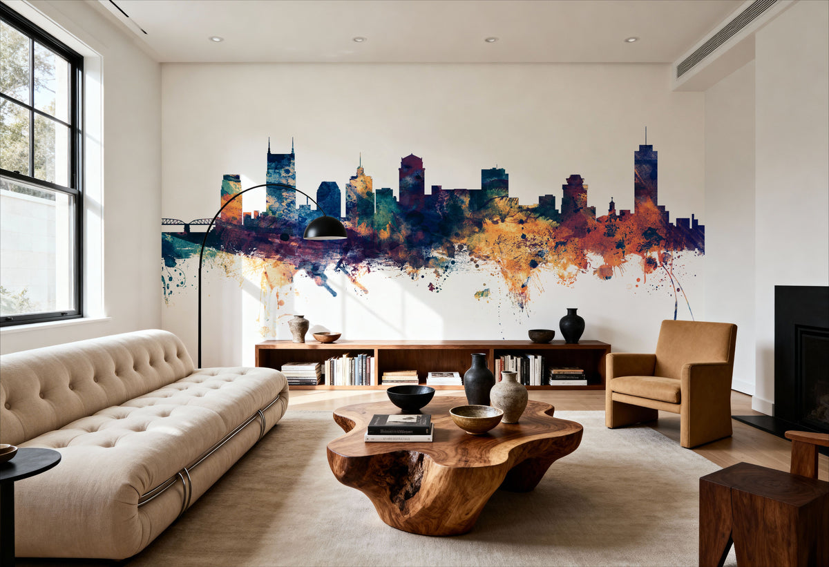 Nashville Tennessee Skyline Blue & Bronze Mural Wallpaper - room preview 05